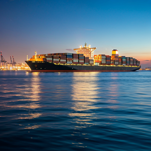 Container ship on ocean at twilight